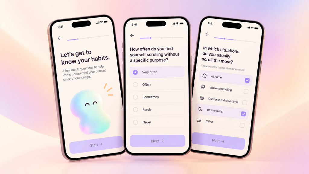 ROMO. Screen Time Quiz realistic smartphone mockups