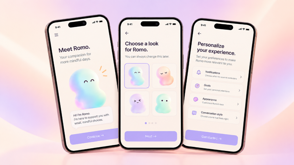 ROMO. AI Companion onboarding and customization interface