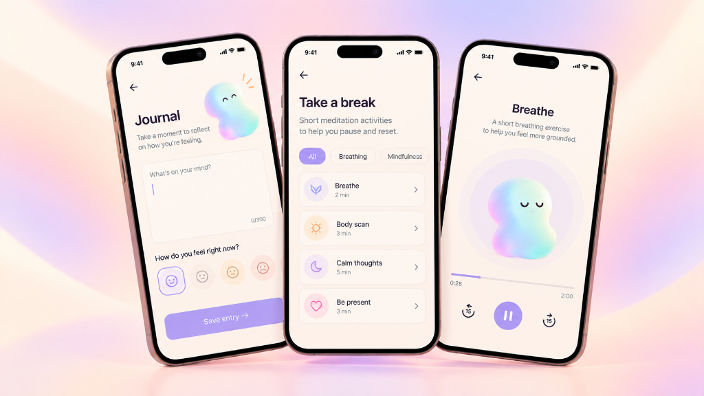 ROMO. Journaling and in-app breathing meditation mockups