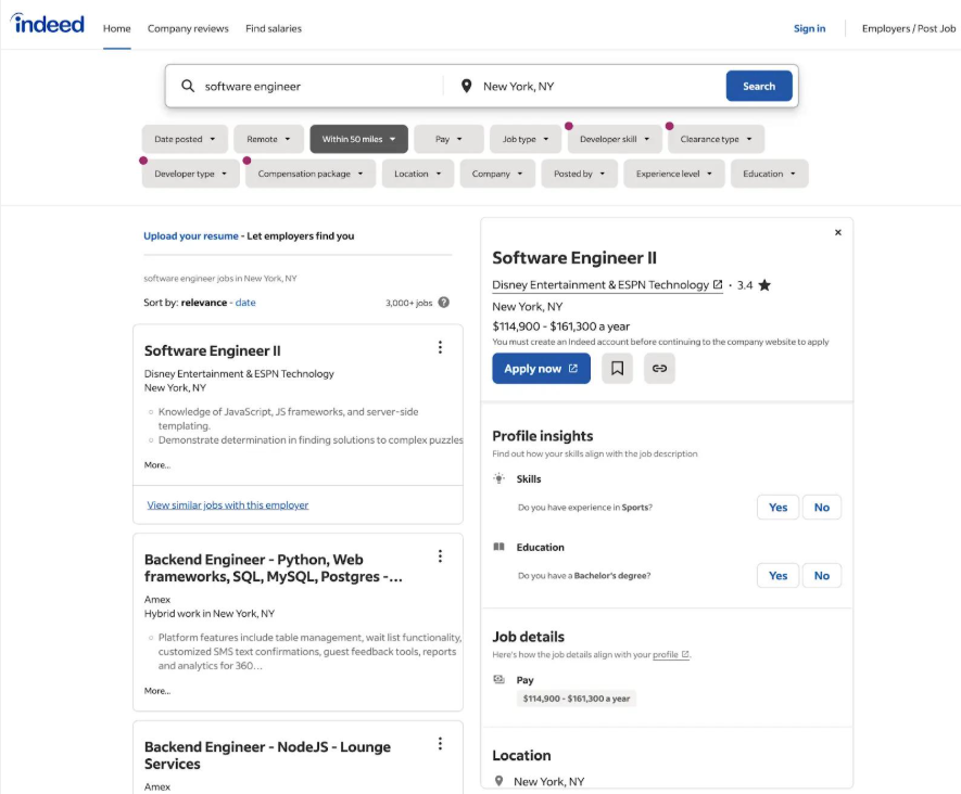 Screenshot of Indeed interface showing direct search bar, category filter pills, job-type checkboxes, and clean job details card.