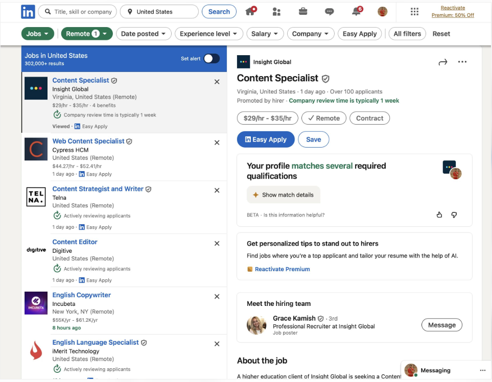 Screenshot of LinkedIn Jobs interface showing search filters for jobs and remote status with a split-panel job description.